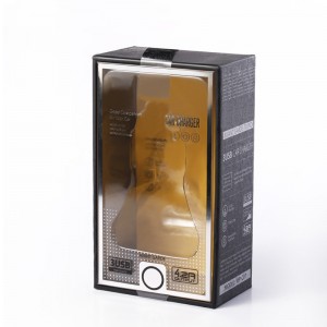 Skriva ut husdjursfönster Billaddare USB-kabelbox Lyxiga svarta USB-förpackningsboxar